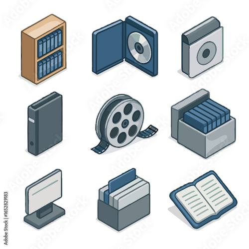 Collection reel divider icon media label storage shelf disc vector movie case