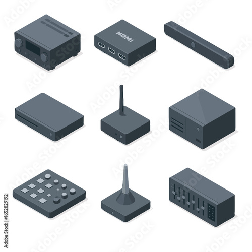 Av hdmi sound transmitter media splitter isometric vector player mic icon