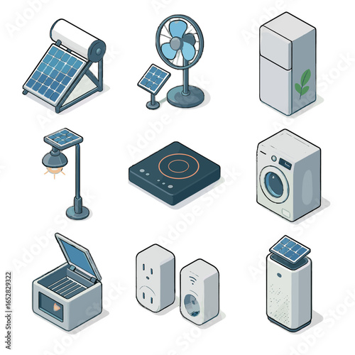 Washing appliance plugs water isometric vector solar induction smart cooktop air icon