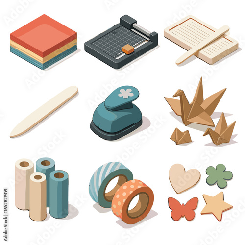 Vector folding trimmer decorative icon craft tape stack paper scoring isometric rolls