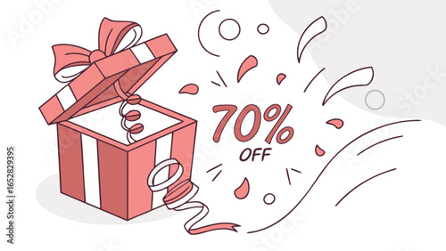 Seventy percent off sale promotion gift box with ribbon and confetti for special occasion offer discount