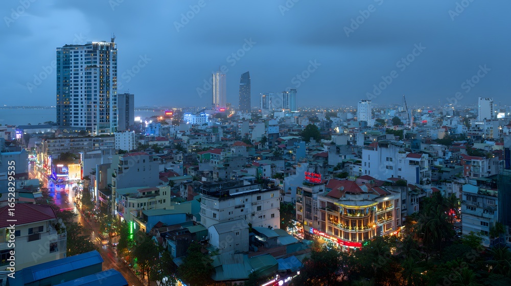 Naklejka premium A vibrant cityscape at twilight, showcasing modern high-rises and traditional architecture amidst illuminated streets.