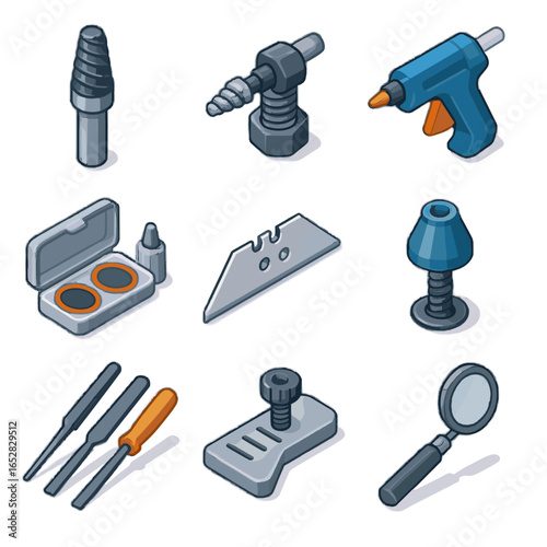 Inspection tool icon remover file set kit glue bolt vector grid