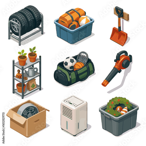 Fan equipment sports gear dehumidifier winter vector garage shelf shovel storage seasonal