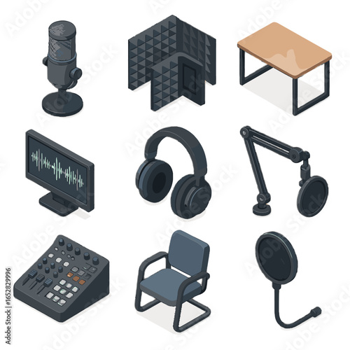 Vector filter podcast icon setup sound studio chair essentials recording arm condenser