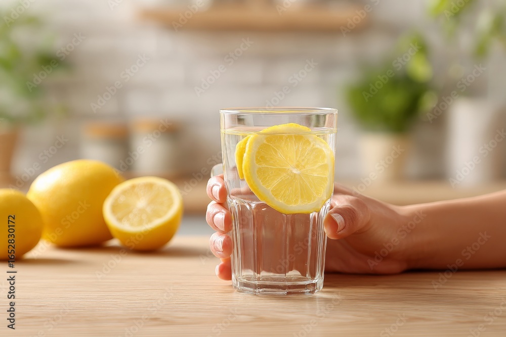 Fototapeta premium A hand holding a glass of water with lemon slices, on a wooden table with whole lemons and blurred background.