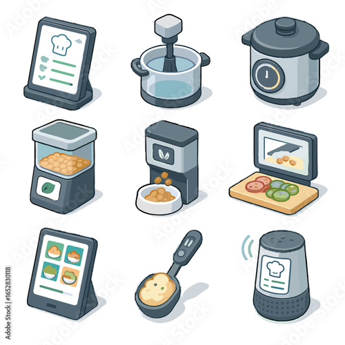 Cooker isometric voice kitchen prep icon meal auto automation portion vector smart