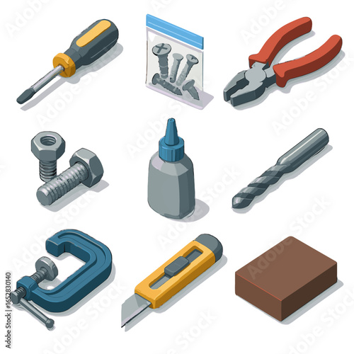Bottle icon bolt hobby glue set nut sanding hardware bit screwdriver vector