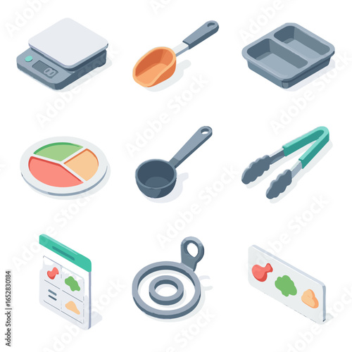 Vector tongs serving portion guide isometric icon scale meal digital tray