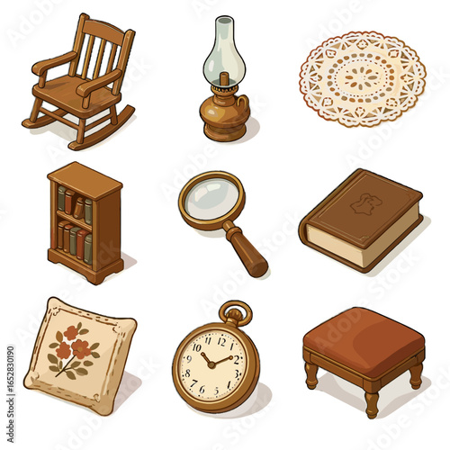 Antique reading bookshelf vector book lace glass icon wooden cushion icons lamp