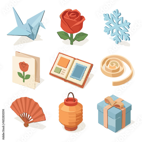 Isometric origami snowflake paper rose crafts icon card greeting fan vector quilling