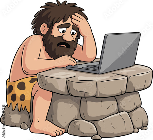 Worried caveman using laptop computer, prehistoric man with modern technology, cartoon caveman stressed, ancient man struggling with digital device, stone age computer frustration