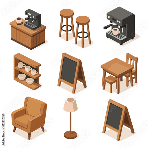 Vector board signboard icons caf small icon armchair espresso isometric cups floor