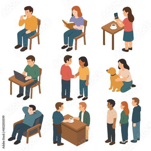Dog line ordering relaxing icon sipping coffee isometric vector customer counter activities