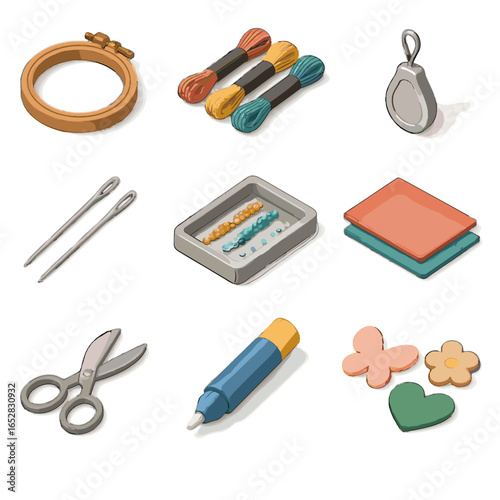 Vector pen beading supplies skeins isometric threader embroidery sewing glue tray icon