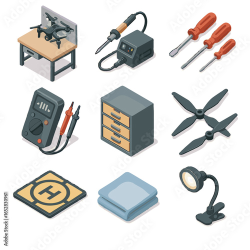 Drone workbench icon pad icons vector maintenance cloth storage tester lamp cleaning