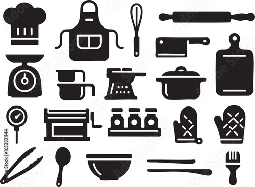 Vector black silhouette icons of kitchen chef hat, apron, whisk, rolling pin, measuring cups, meat grinder, stockpot, and cooking accessories in modern minimalist style