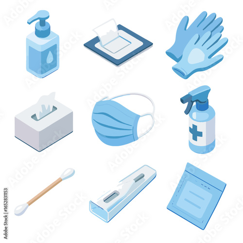 Medical disinfectant vector hand thermometer swab pharmacy alcohol disposable box icons hygiene