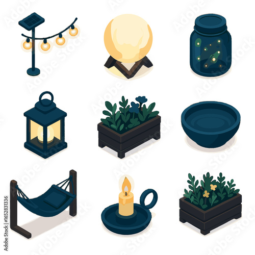 Nighttime moon hammock planter firefly lantern icon vector eco balcony herb lights
