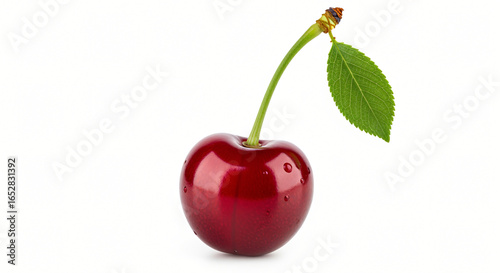 Single Cherry with Stem and Leaf on White Background