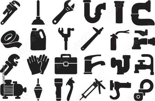 Wallpaper Mural Plumber tool silhouettes including pipe wrench, basin wrench, plunger, water pump, flexible pipe, plumb bob, flashlight, toolbox, faucet, and fittings in minimalist black vector design Torontodigital.ca