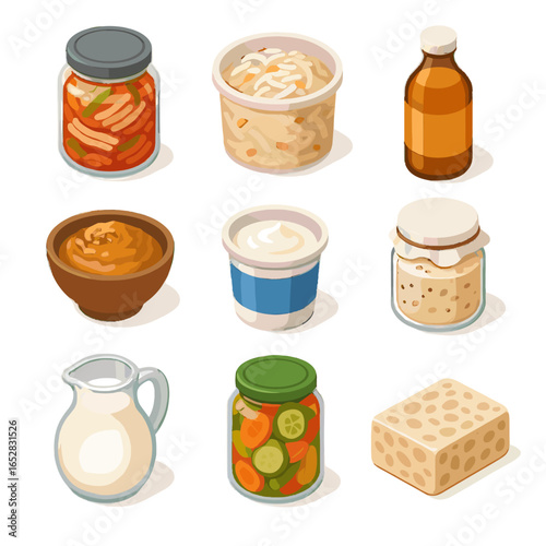 Fermented pickled kombucha icon jug block starter yogurt icons bowl food vector
