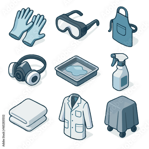 Spray lab vector safety apron protective coat icon goggles gear sanitation fermentation