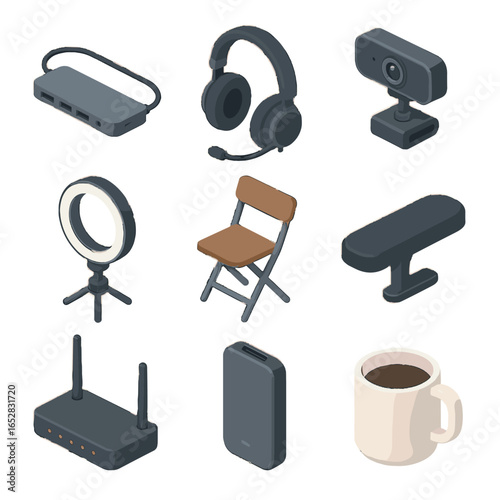 Essentials portable vector light folding coffee router ssd mug work remote icon