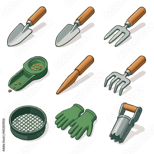 Icon garden dispenser dibber vector sifter gardening greenhouse bulb transplanting icons trowel