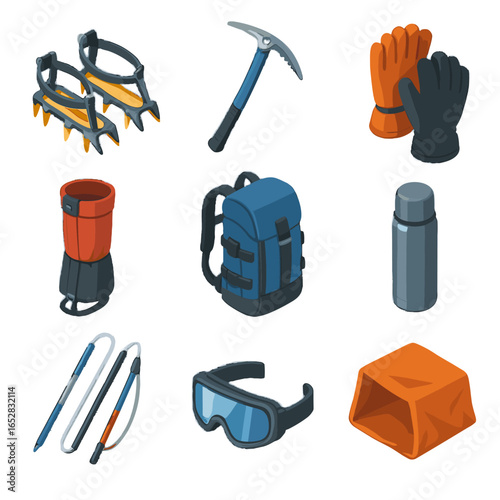 Thermal gloves isometric avalanche goggles emergency vector gear icon axe snow hiking