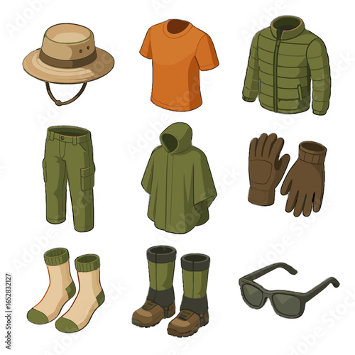 Sun vector icons sunglasses pants trail rain icon hiking gear socks thermal