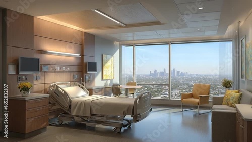 Empty hospital room with city view