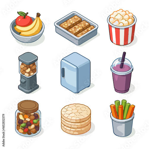 Vector smoothie icons trail dispenser tray popcorn container veggie station snack stack