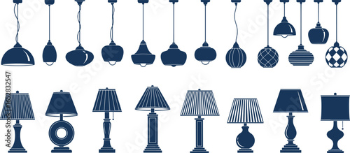 Assorted lamp silhouettes including pendant and table designs, ideal for interior décor projects, lighting catalogs, and modern home design themes