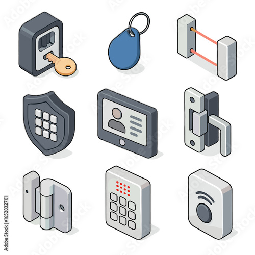 Isometric visitor reader vector access key shield beam tracking icon vault sensor