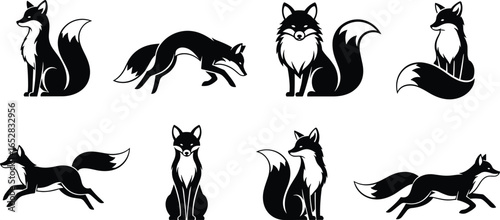 Fox silhouettes in multiple poses including sitting, running, and standing, ideal for wildlife art, nature design, and animal vector illustration projects