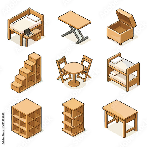 Isometric set wall rotating ottoman furniture dining transforming vector icons folding bookshelf