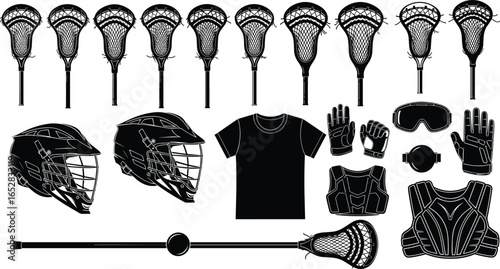 Lacrosse equipment set with sticks, helmets, gloves, protective gear, ball, sports illustration concept, isolated design for athletic game and training