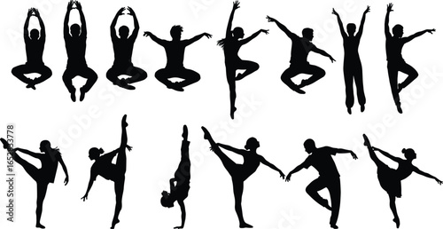 Silhouette of ballet dancers performing graceful poses, artistic dance movements, elegant choreography, showcasing flexibility, strength, balance, beauty, performing arts style