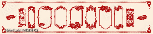 Chinese frame set, traditional oriental New Year border print, red holiday ink decoration stamp kit. Cloud and wave silhouette, vintage Japanese hand drawn ornament east festive graphic. Chinese frame