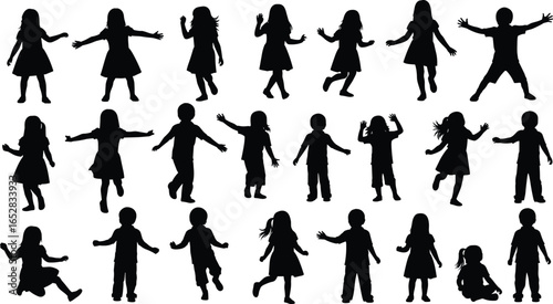 Silhouettes of children playing, dancing, and posing in creative activities, perfect for educational projects, design elements, and artistic inspiration