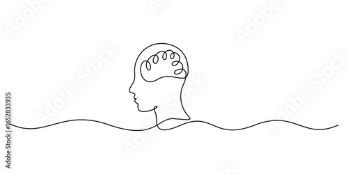 Human head with brain single line drawing. Thinking, creativity, concept vector illustration