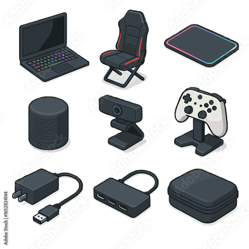 Icon keys gaming mousepad accessories travel adapter mobile ports laptop vector