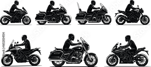 Silhouettes of motorcycles with riders in varied styles, sport bike, touring, cruiser designs, dynamic riding postures, creative transportation concept art