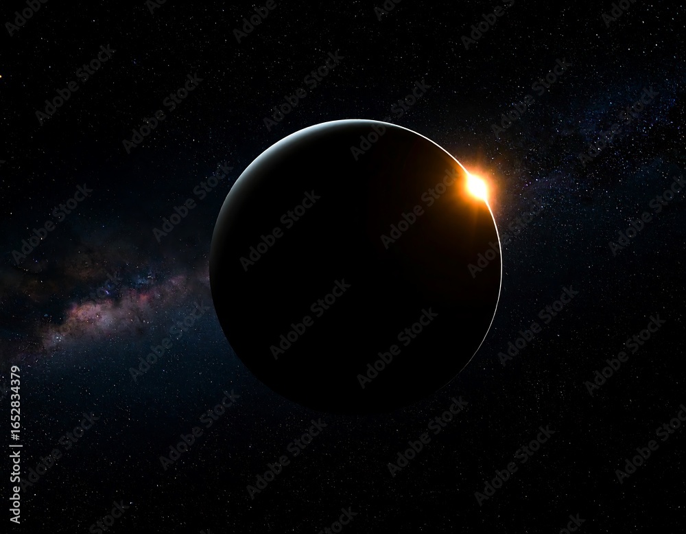 Fototapeta premium Stunning sunrise behind a distant planet in deep space with the Milky Way