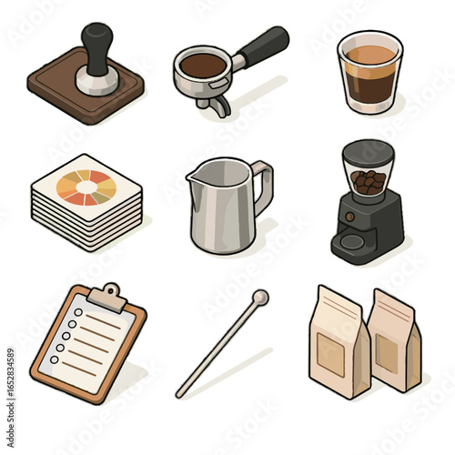 Vector grid stir bean glass coffee scoring metal bags tamping icon barista