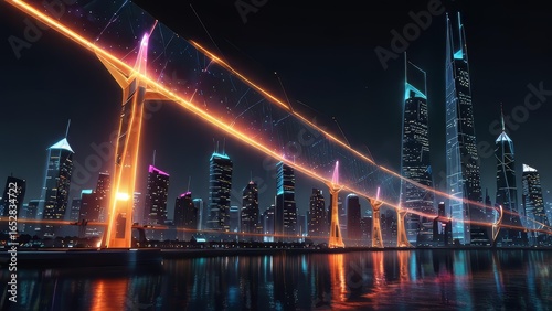 Glowing information bridge connecting two sides of digital city