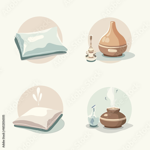 Four icons depicting relaxation items: pillow, diffuser, pillow with aromatherapy, and diffuser with aromatherapy.