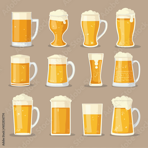 A collection of twelve illustrated beer mugs and glasses, showcasing various shapes and sizes filled with frothy golden beer.