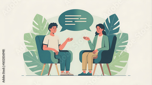 Two people sitting in chairs talking with a speech bubble above them surrounded by lush green leaves and plants